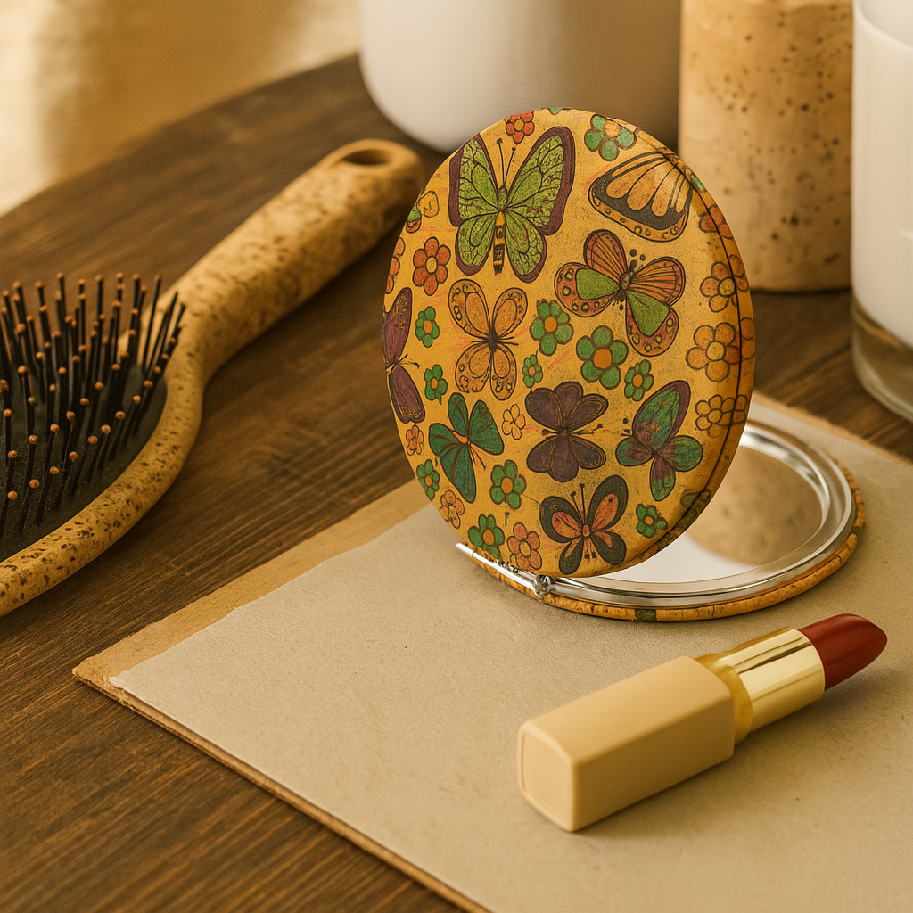 corkstore compact mirror with brush and lipstick