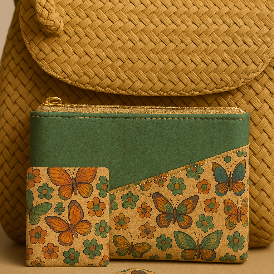 cork mirror and pouch beside sustainable handbag – stylish sustainable gift set