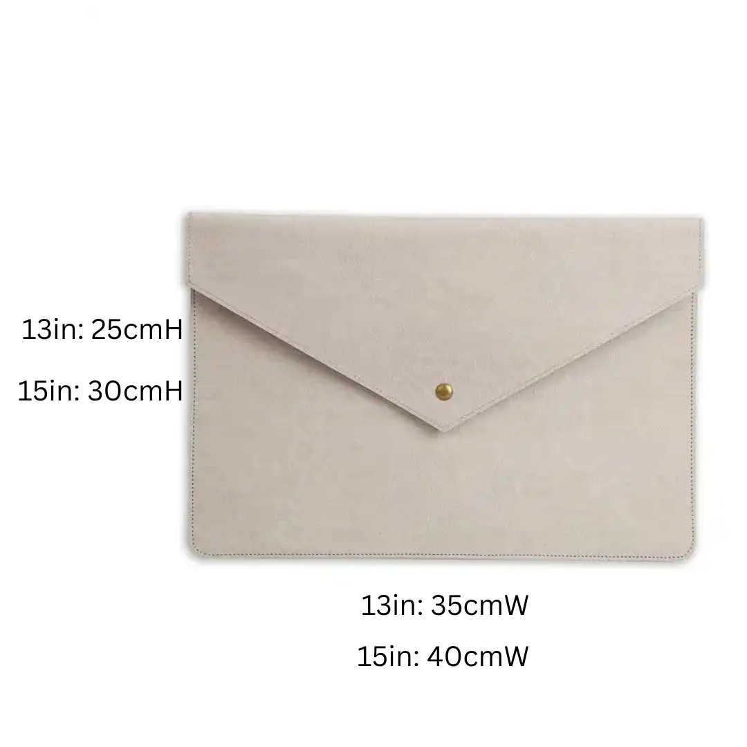 EVA laptop sleeve showing dimensions for 13" (25cmH x 35cmW) and 15" (30cmH x 40cmW)