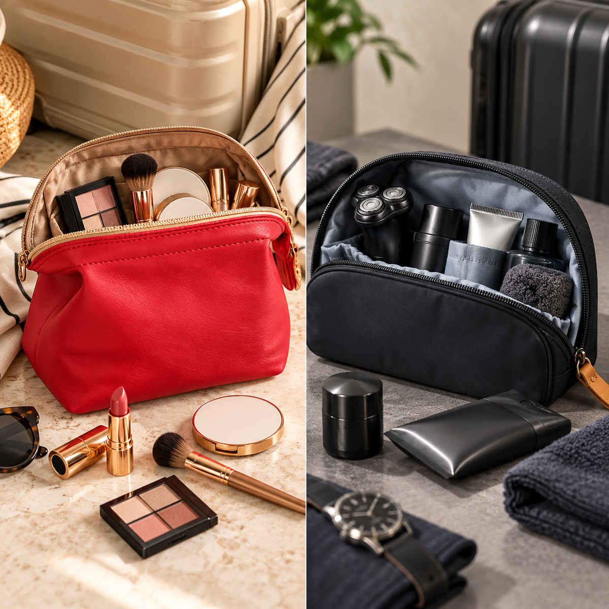 LIBBY red canvas makeup bag for her and CARA canvas toiletry bag for him, gift set