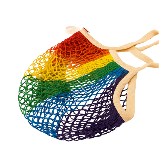 Multicolored mesh bag with wooden handles on a white background
