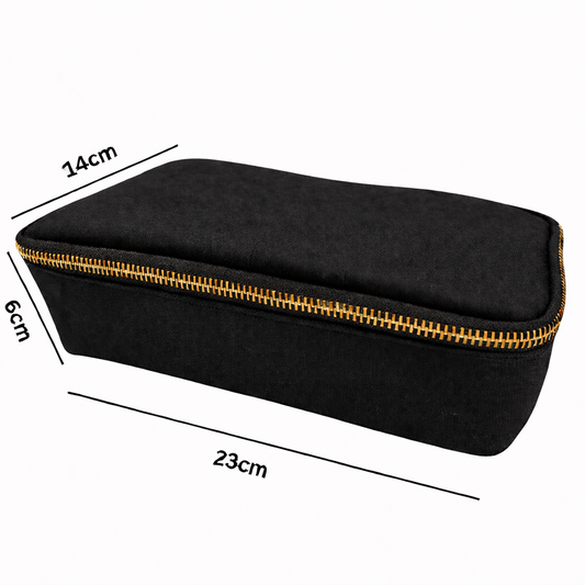 MERRY sustainable cosmetic bag showing dimensions — washable paper black