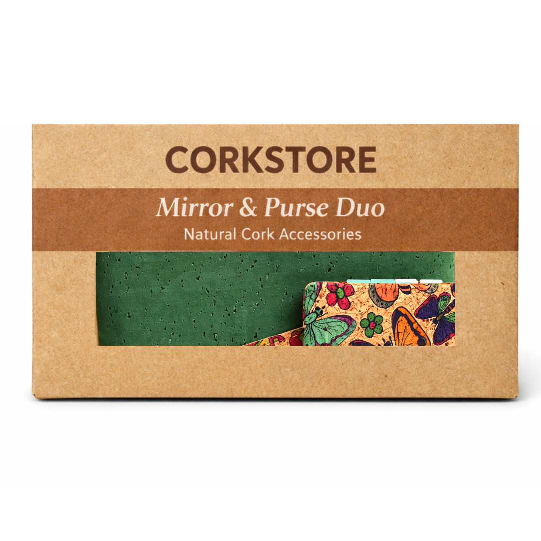 Corkstore mirror and purse duo packaging on a white background