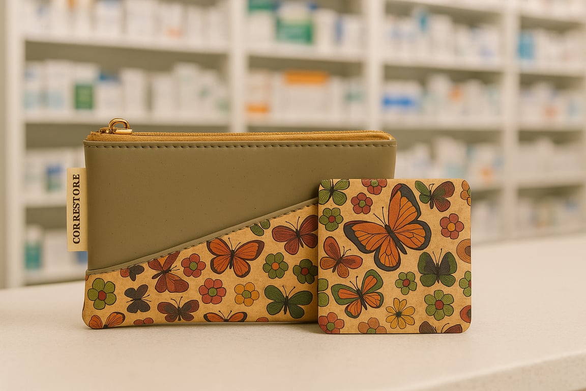 Two wallets with butterfly and floral pattern on a surface with a blurred background of shelves.