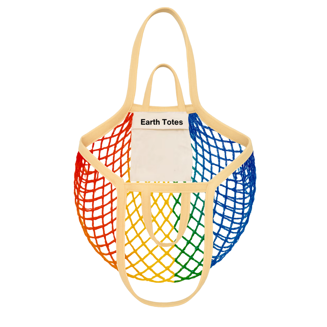 rainbow color mesh bag with internal pocket branded EARTH TOTES