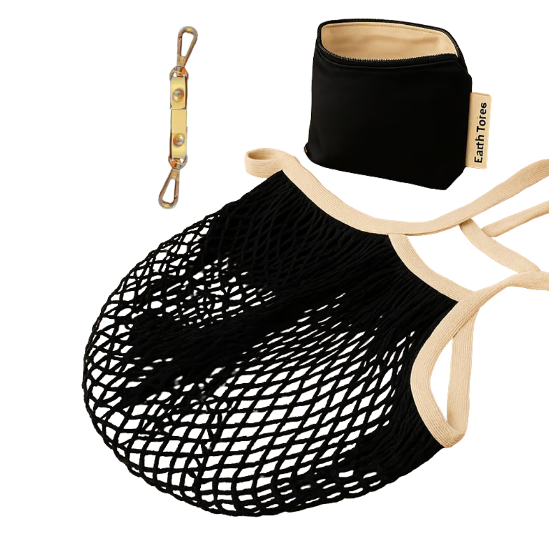 String mesh bag pouch & clip black and white sustainable