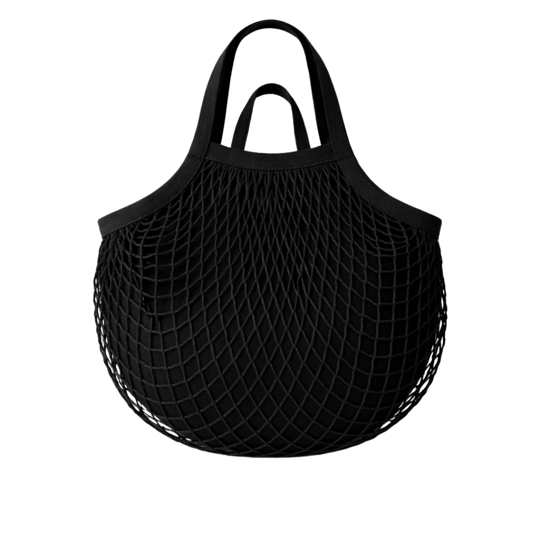 Black mesh tote bag on a white background