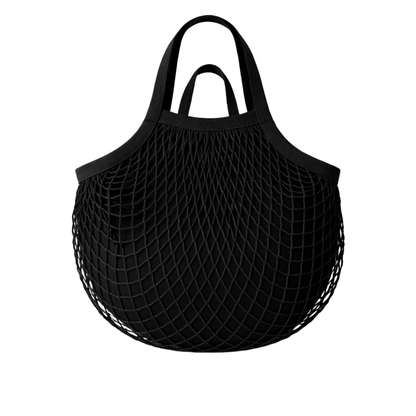 Black mesh tote bag on a white background