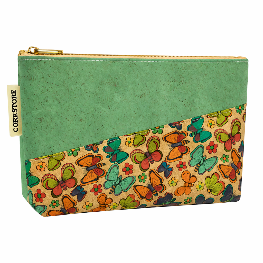ANNIE cork pouch with a colorful butterfly pattern on green with CORKSTORE label