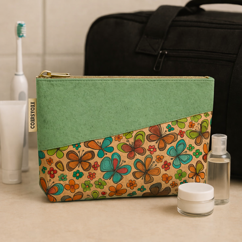 ANNIE corlk leather travel cosmetics pouch with floral design, black suitcase, toothbrush, and bottles.