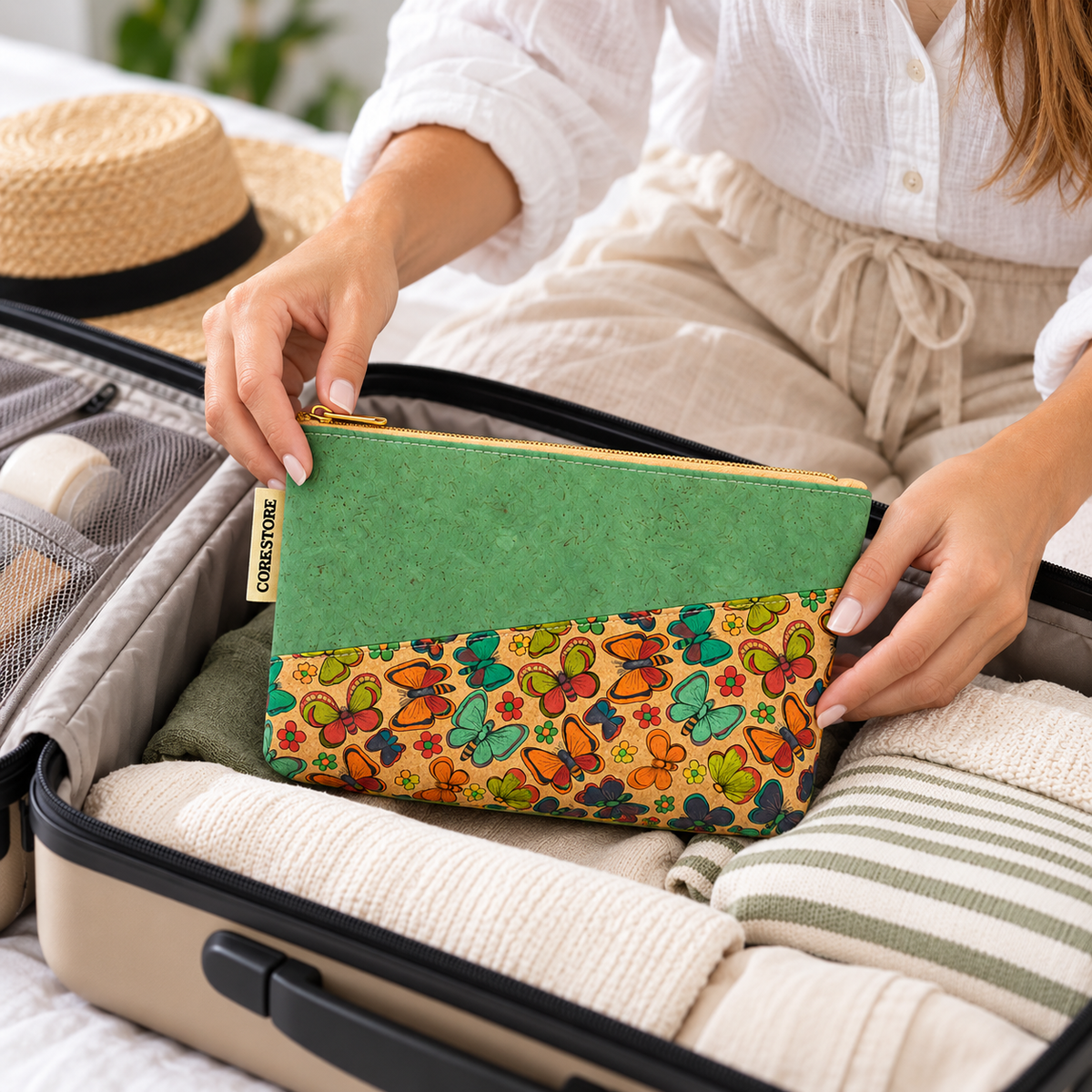 A person packing a green and butterfly-print ANNIE zip pouch by CORKSTORE into an open suitcase, with folded clothes and a straw hat visible in the background.