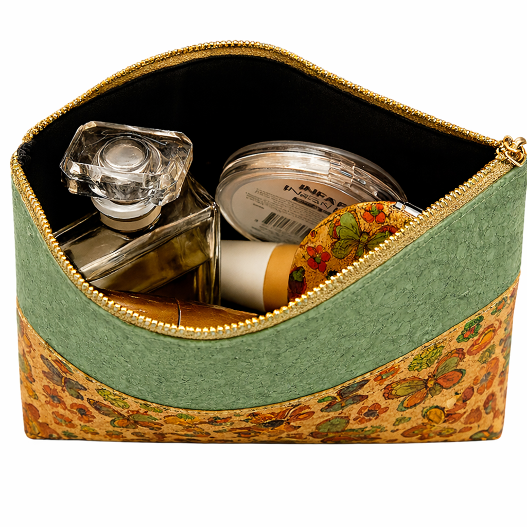 ANNIE corlk makeup pouch with cosmetic items including a bottle and a jar 