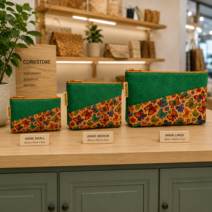 ANNIE sustainable cosmetic bags small, medium, and large sizes on retail counter — FSC cork natural