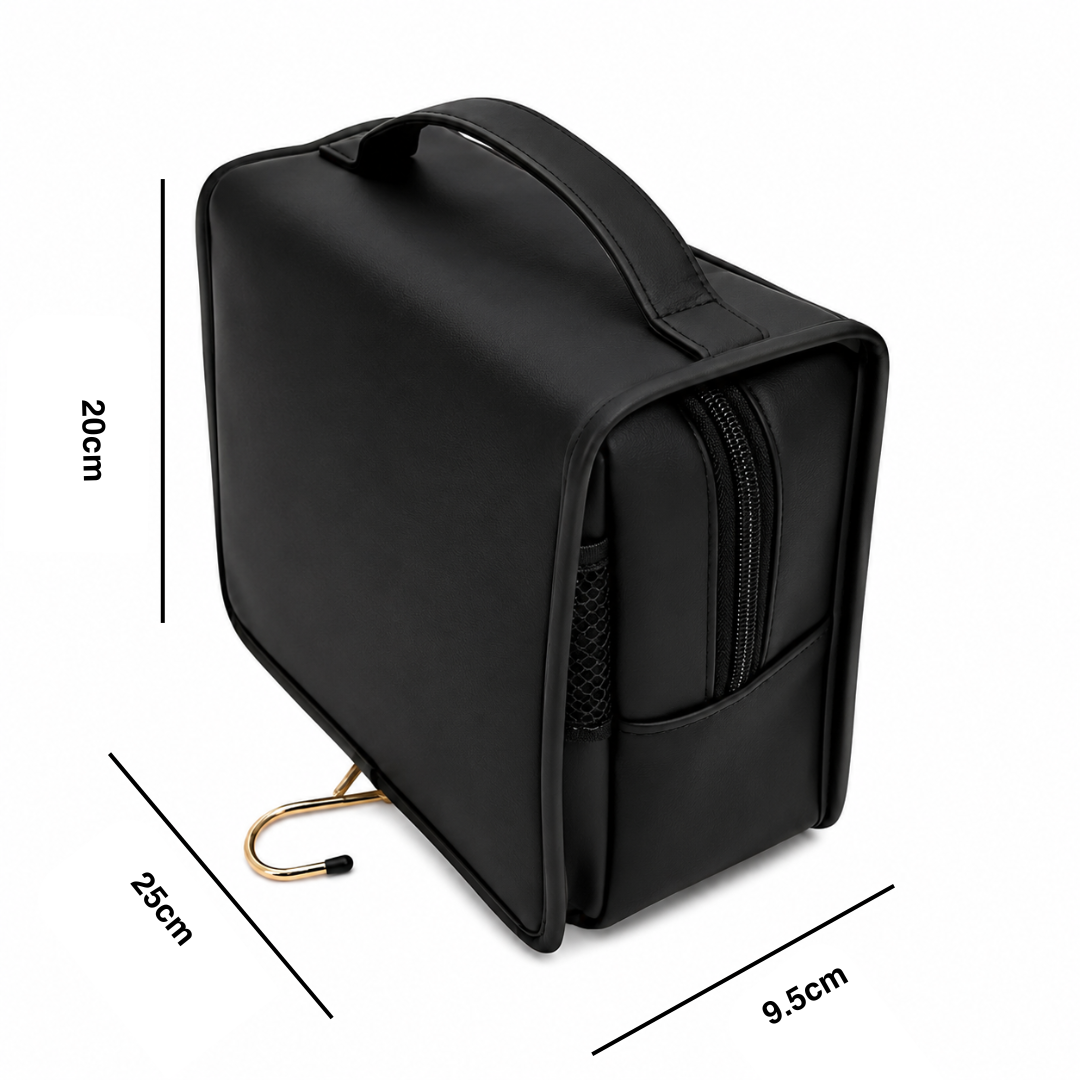 BEV hanging sustainable toiletry bag closed showing dimensions — washable paper off-white