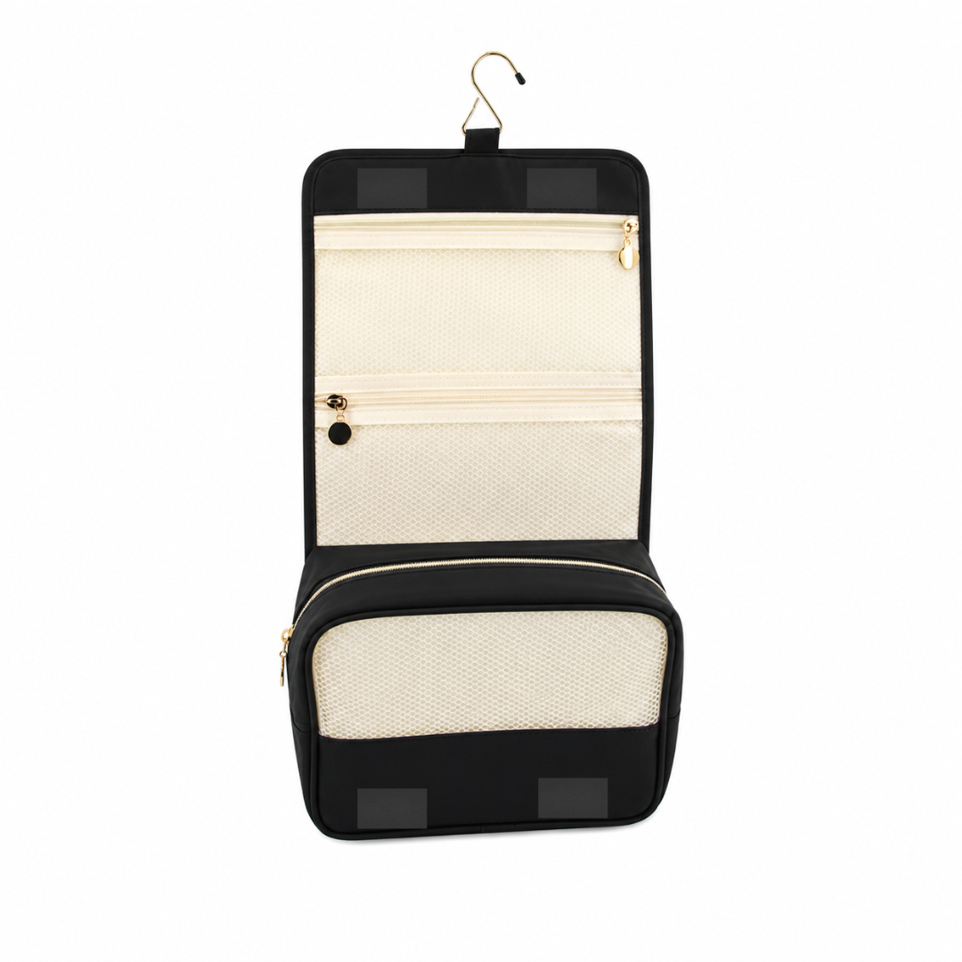 BEV hanging sustainable toiletry bag open view showing compartments — washable paper off-white