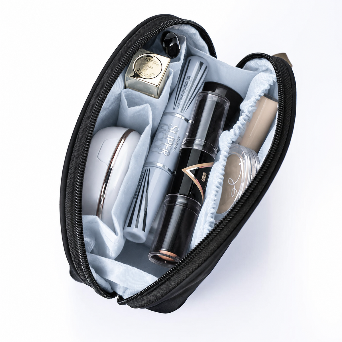 CARA sustainable cosmetic bag set open showing inside with cosmetics and brush — eco canvas black