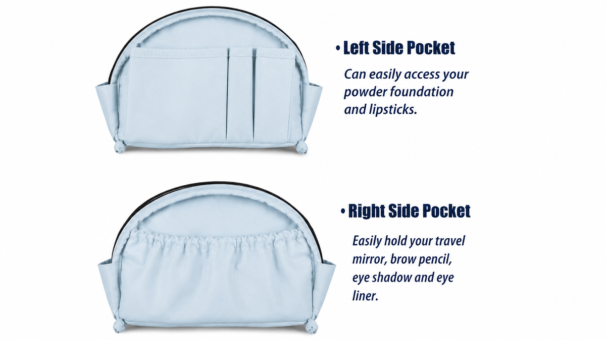 CARA sustainable cosmetic bag set open showing interior side pockets — eco canvas black