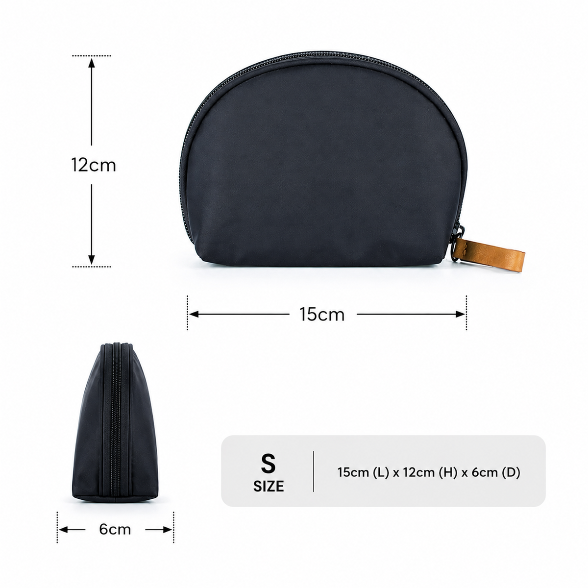 CARA sustainable cosmetic bag showing small size dimensions — eco canvas small black