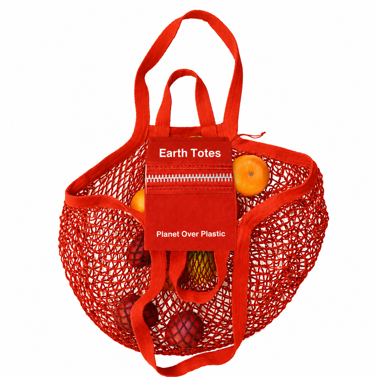 CARA red string bag with zippered pocket and carrying fruit
