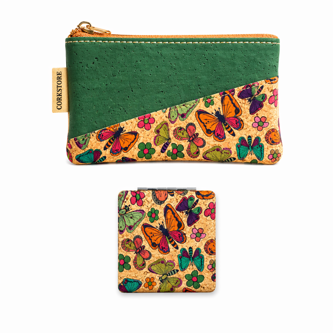 CONNIE sustainable cosmetic bag and mirror shown separately — FSC cork natural