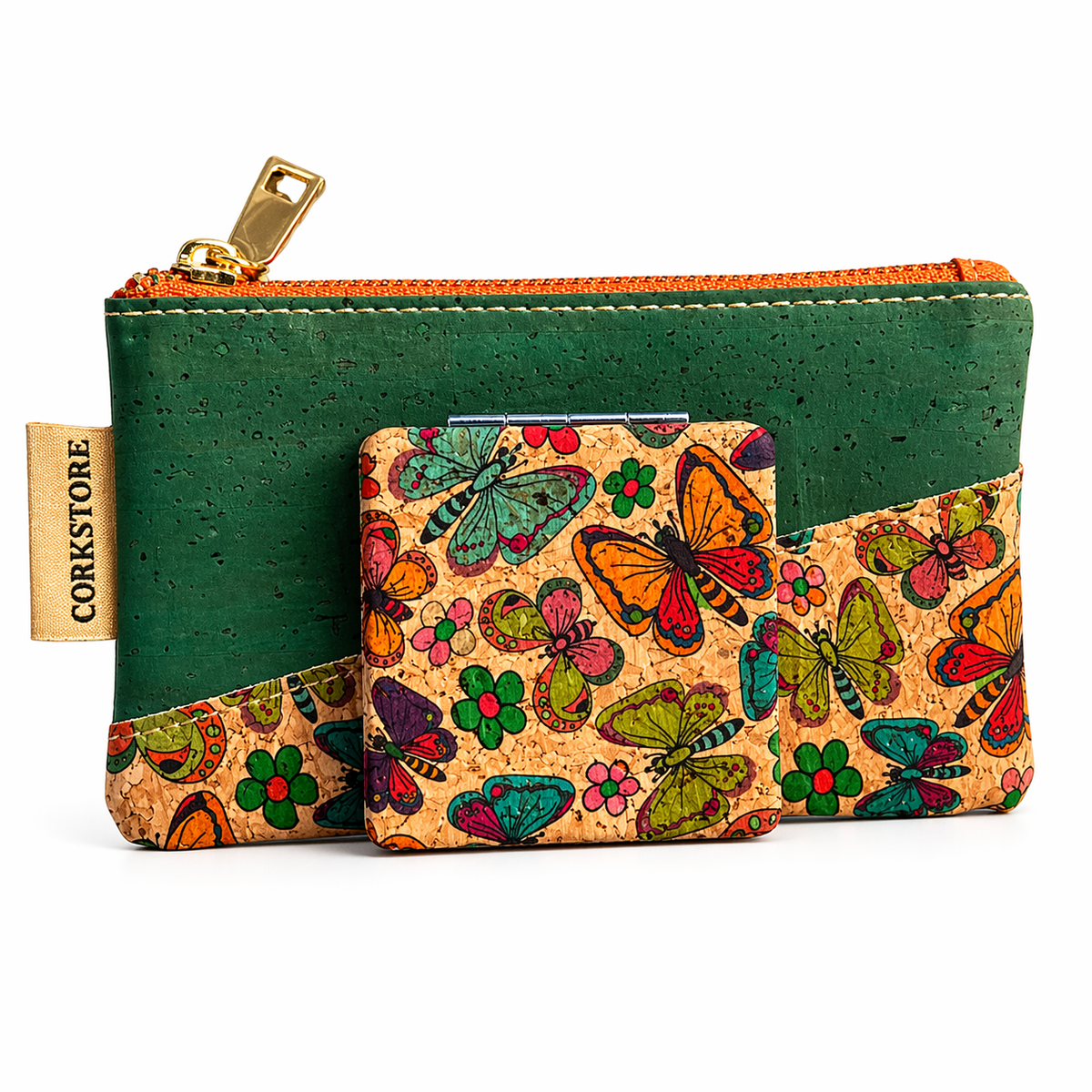 CONNIE sustainable cosmetic bag and mirror set closed — FSC cork natural