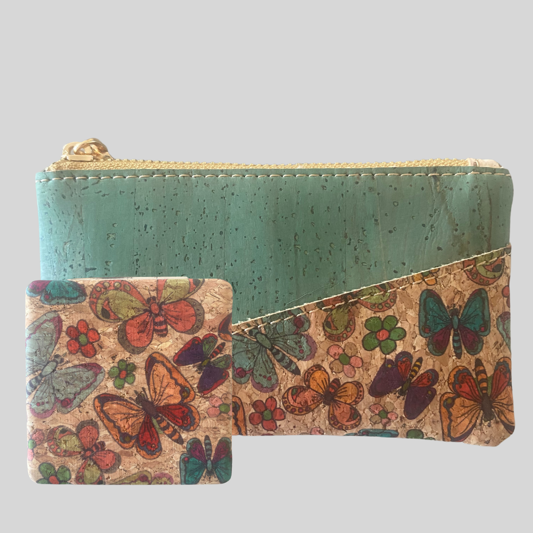 cork leather compact purse with butterflies and compact mirror with butterlies