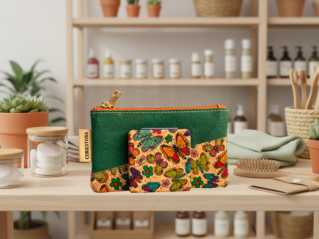 CORKSTORE product CONNIE pouch and mirror set on pharmacy bench