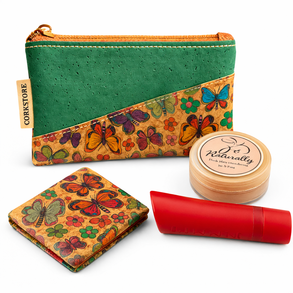 Cork cosmetic bag with butterfly design, red lip balm, and round container on a white background