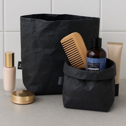 James&Co foldable washable paper cosmetic and toiletry bag with products and background
