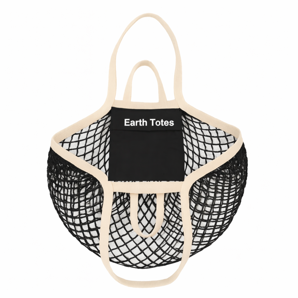 Black mesh tote bag with 'Earth Totes' logo on a white background