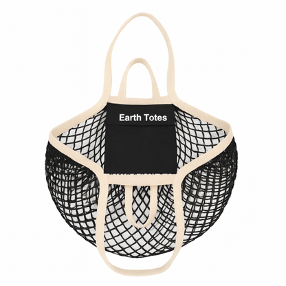 Black mesh tote bag with 'Earth Totes' logo on a white background