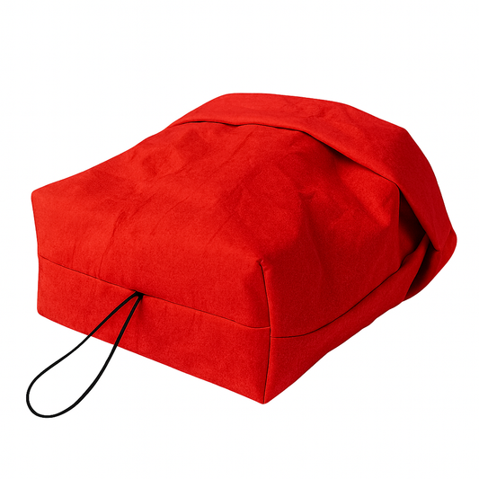 Red fabric bag with a black drawstring on a white background