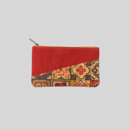 Eco-Friendly Compact Beauty Pouch in Cork Leather - FREDA Red & pattern