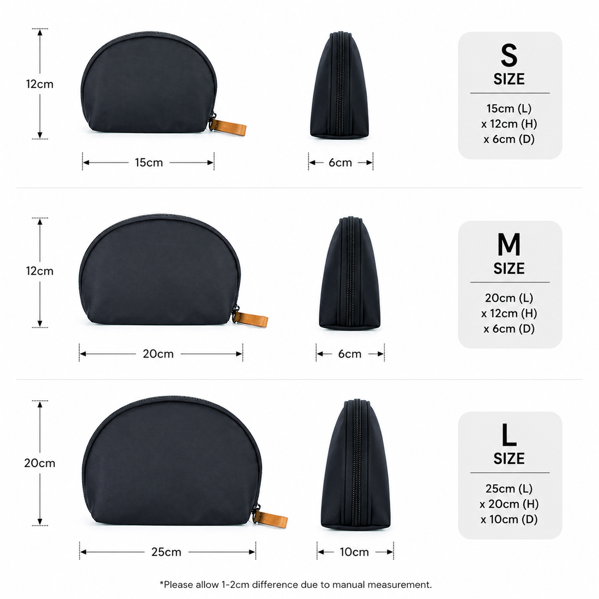 CARA sustainable cosmetic bag set showing S, M, L dimensions — eco canvas black