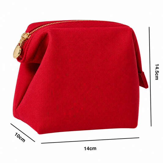 LIBBY sustainable cosmetic bag showing dimensions — eco canvas red