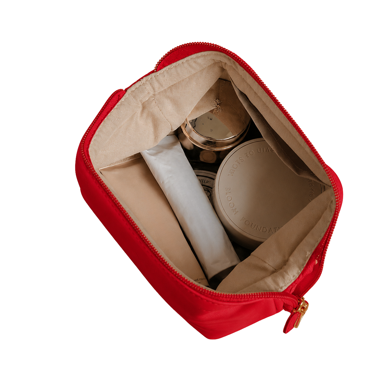 LIBBY sustainable cosmetic bag open with makeup and beauty products — eco canvas red