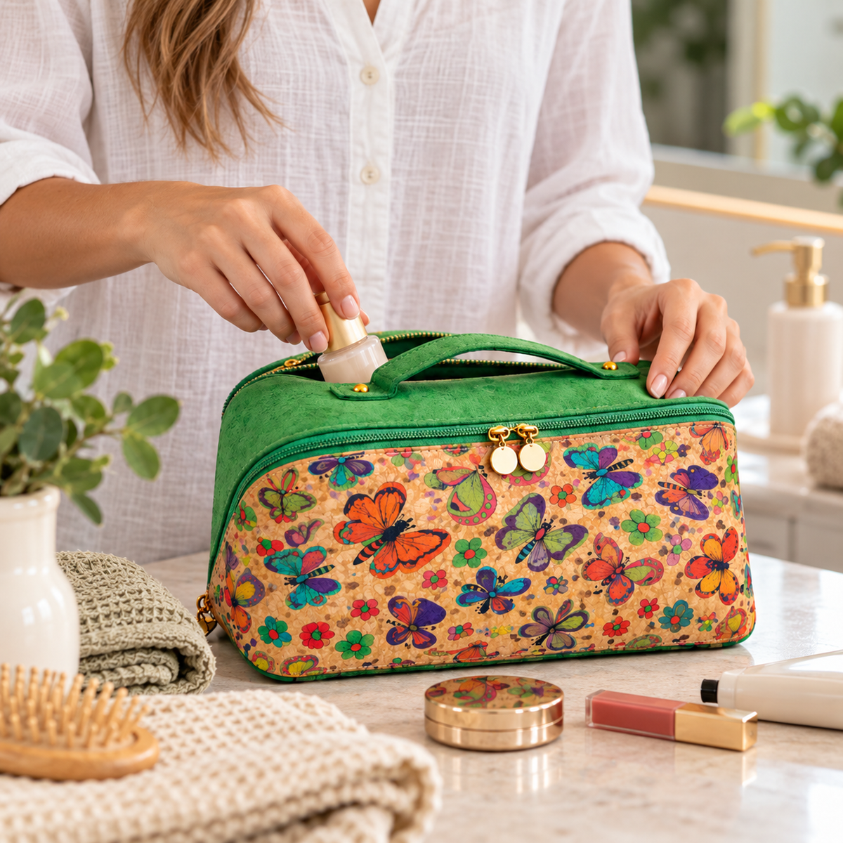 A woman in a white blouse packs MARY toiletry bag on a bathroom counter. The bag is green with a tan front panel covered in colorful butterfly and floral print, and gold-tone hardware. Zipper closure.
