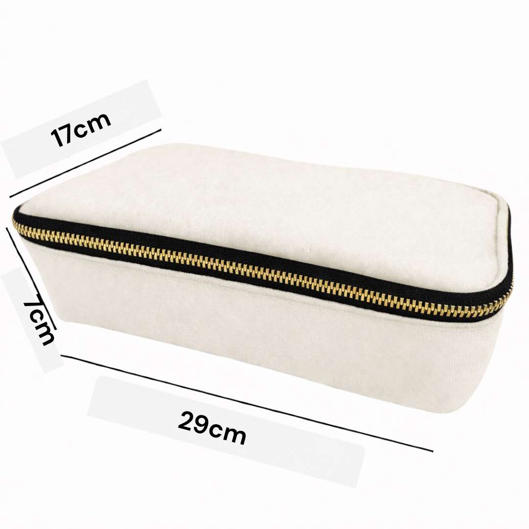 MERRY sustainable toiletry bag showing dimensions 20cm x 17cm x 7cm — washable paper large off-white