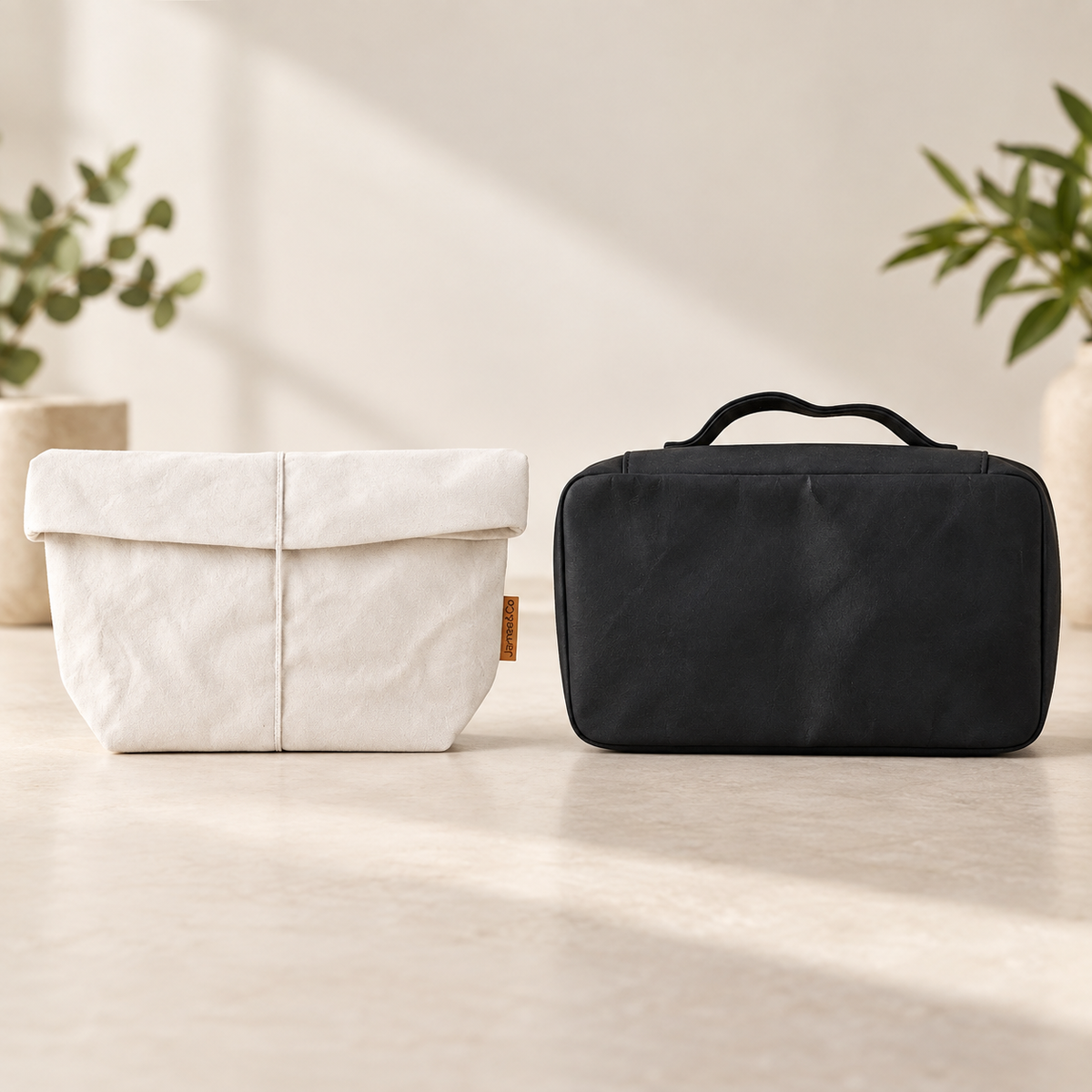 ELSA off-white washable paper cosmetic bag and MERRY black toiletry bag, gift set for her and him