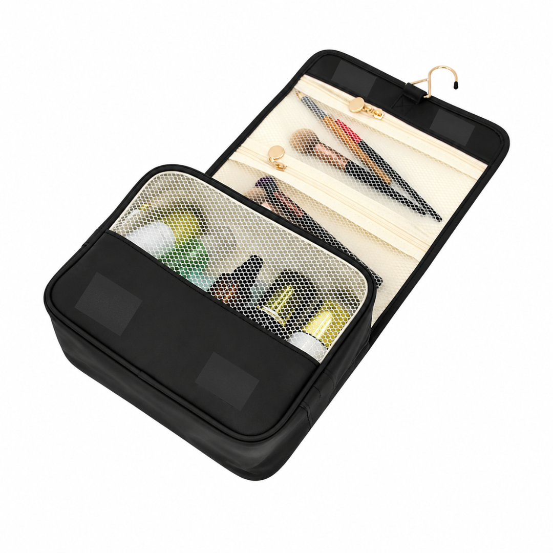 BEV hanging sustainable toiletry bag open with cosmetics and makeup — washable paper off-white