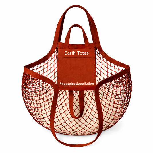 Red mesh tote bag with a red pocket labeled 'Earth Totes' on a white background