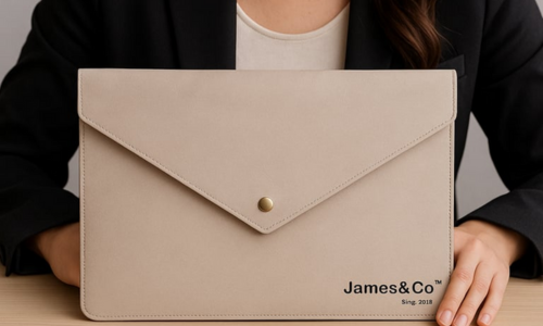 Beige envelope-shaped clutch bag with 'James&Co' branding held by a person.