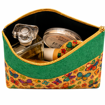 Colorful butterfly-patterned cosmetic bag ANNIE with beauty products inside