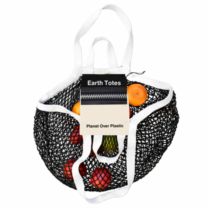 Earth Totes CECILE  pocket-fold black tote mesh bag with white handles and internal zippered pocket 