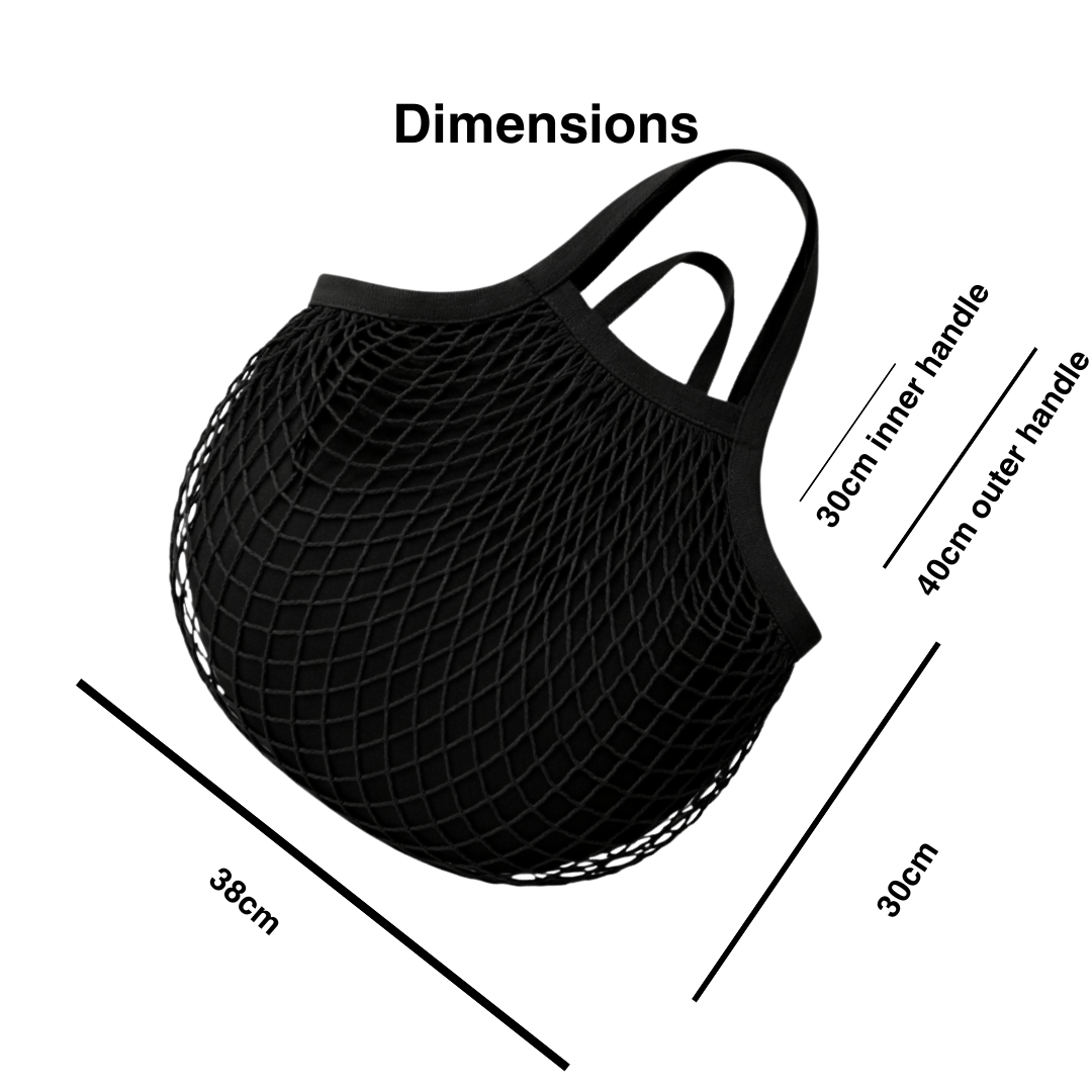 Black mesh bag with dimensions labeled on a white background
