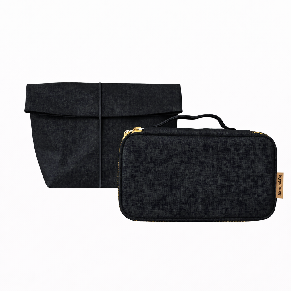 MERRY sustainable cosmetic bag with James&Co branding — washable paper black