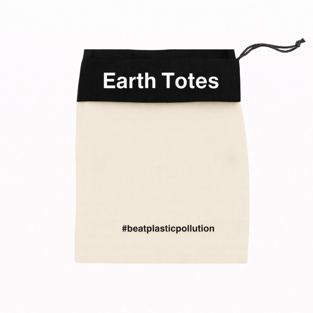Beige tote bag with black drawstring and 'Earth Totes' branding on a white background
