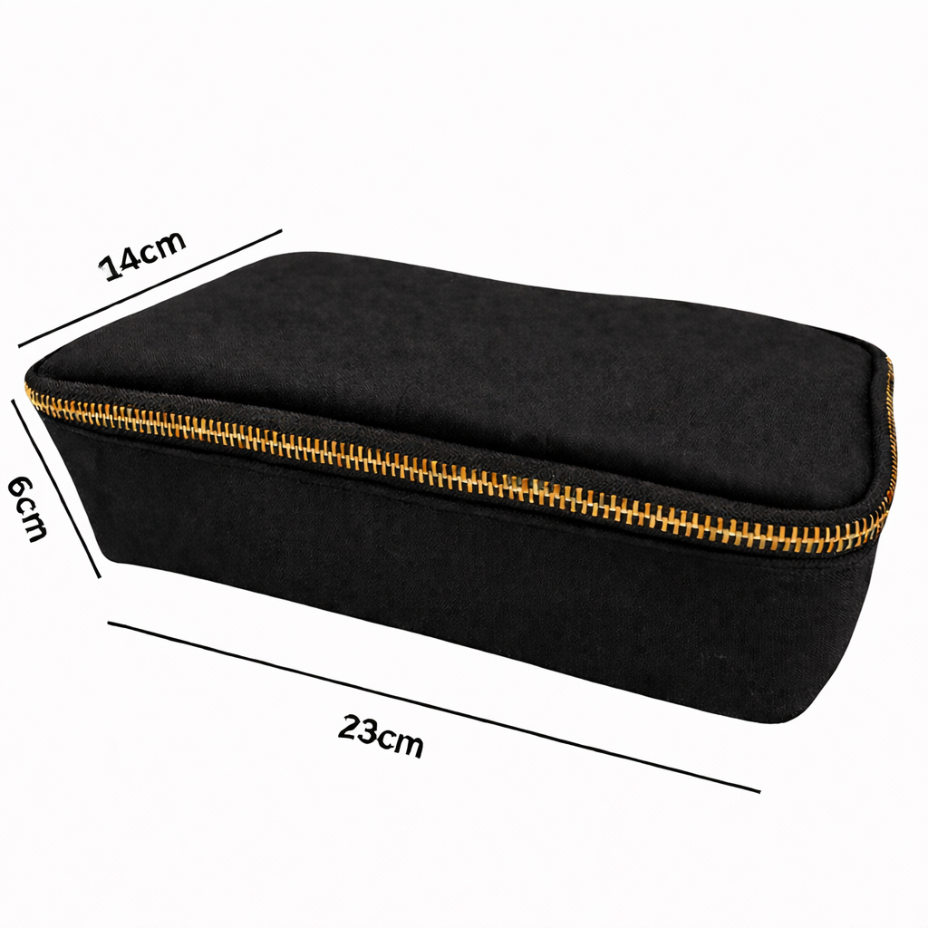 MERRY sustainable cosmetic bag showing dimensions — washable paper black