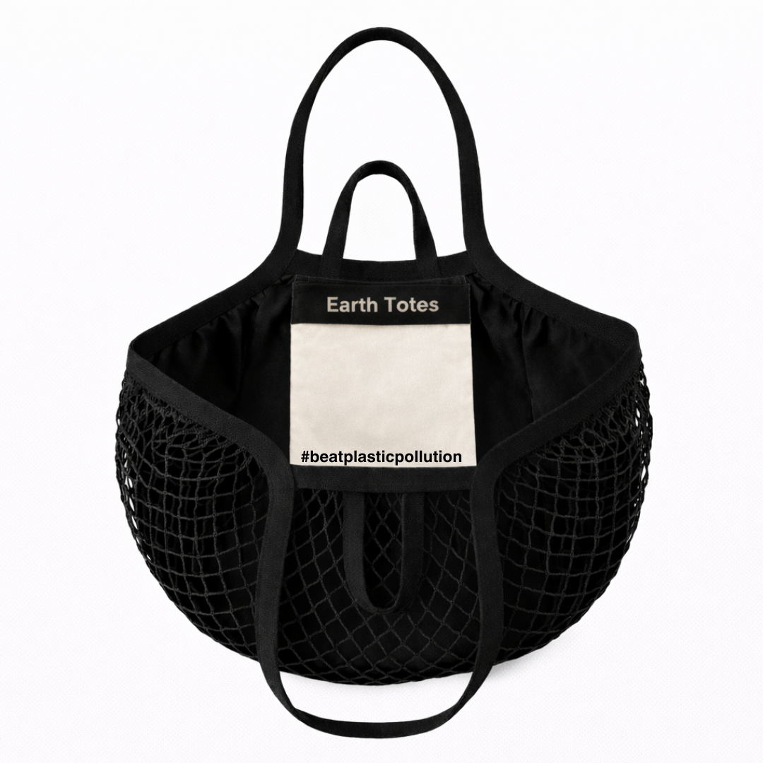 Black mesh tote bag with 'Earth Totes' label on a white background