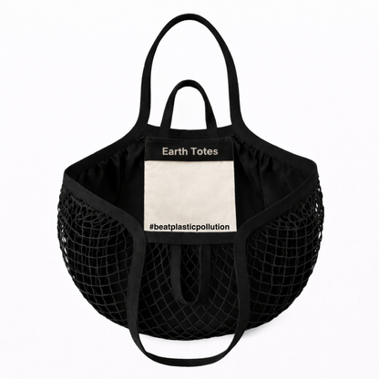 Black mesh tote bag with 'Earth Totes' label on a white background